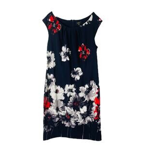 ILE blue white red floral stretchy office preppy midi dress 16W